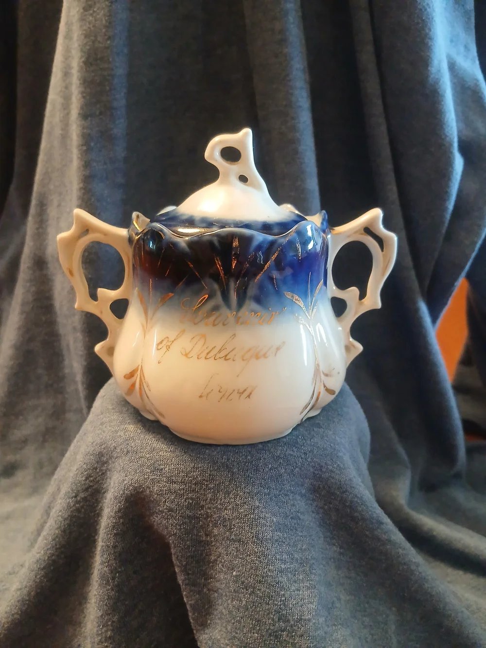 Antique Wheelock Germany Souvenier Sugar Bowl Cobalt Flow Blue Dubuque 1890s